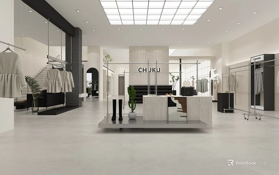 Modern Clothing Store With Open Display Marble Counter Green Plants Clothing Racks And Glass Partitions 3d model 