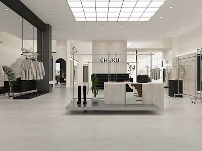 Modern Clothing Store With Open Display Marble Counter Green Plants Clothing Racks And Glass Partitions 3d model