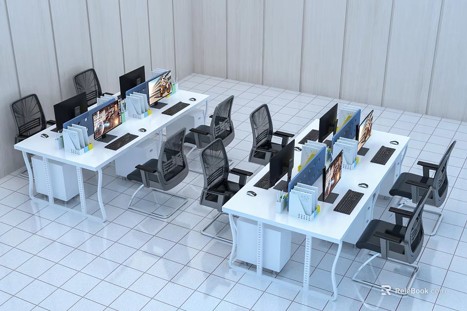 Modern Office Workspace With Multiple Desks Computers Ergonomic Chairs In Bright White Tiled Room 3d model 