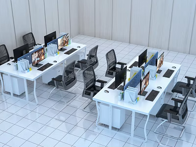 Modern Office Workspace With Multiple Desks Computers Ergonomic Chairs In Bright White Tiled Room 3d model