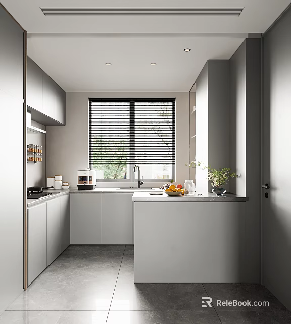 Modern Minimalist Kitchen Interior With Grey Cabinets Countertop Window Blinds And Appliances 3d model 