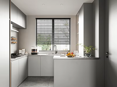 Modern Minimalist Kitchen Interior With Grey Cabinets Countertop Window Blinds And Appliances 3d model