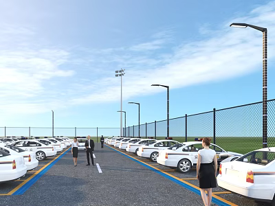 Spacious Outdoor Parking Lot With White Cars People Walking Street Lights Fence And Blue Sky 3d model