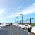 Spacious Outdoor Parking Lot With White Cars People Walking Street Lights Fence And Blue Sky