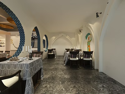 Elegant Restaurant Interior With Arched Doorways Mural Art And Dining Tables 3d model