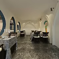 Elegant Restaurant Interior With Arched Doorways Mural Art And Dining Tables