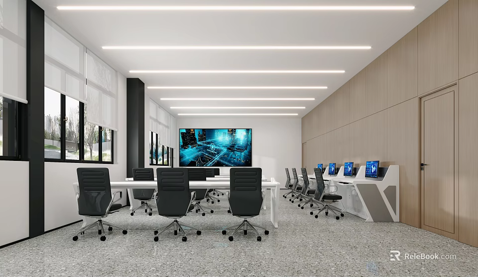 Modern Monitoring Room Interior With Multiple Screens And Office Chairs 3d model 