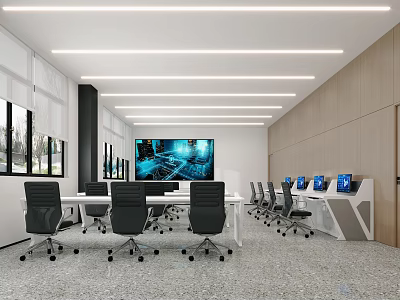 Modern Monitoring Room Interior With Multiple Screens And Office Chairs 3d model