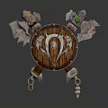 Vintage Powerful Weapon Wooden Shield With Central Emblem And Decorative Metal Axes On Both Sides
