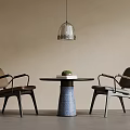 Modern Negotiation Round Table With Two Armchairs And Blue White Patterned Base Under Pendant Light 3d model