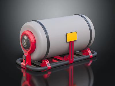 Cylindrical Industrial Tank Equipment With Red Support Structure And Yellow Label 3d model