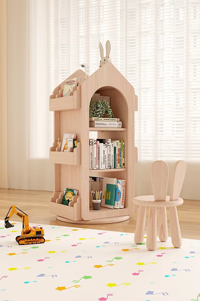 Modern Wooden Bookshelf With Open Shelves Books Potted Plant And Small Chair 3d model