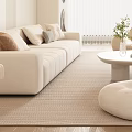 Bright Modern Living Room With White Sofa Round Pouf Coffee Table Green Plants And Paintings