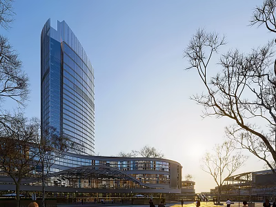 Vibrant Modern Commercial Street with Tall Glass Building Deciduous Trees Sunlight and Pedestrians Walking 3d model