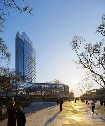 Vibrant Modern Commercial Street with Tall Glass Building Deciduous Trees Sunlight and Pedestrians Walking 3d model