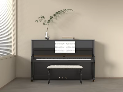 Upright Black Piano With Sheet Music Vase And Cushioned Bench In Room With Window Blinds 3d model