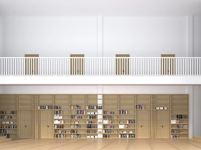 Wooden Shoe Bench With Storage In Double Story Room Featuring Bookshelves And White Railings 3d model
