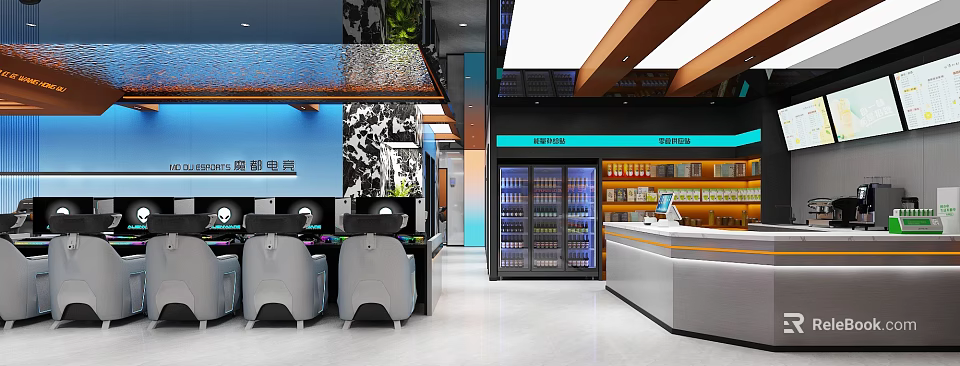 Modern Internet Cafe With Comfortable Seats Computers Bar Counter And Beverage Refrigerators 3d model 