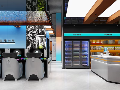 Modern Internet Cafe With Comfortable Seats Computers Bar Counter And Beverage Refrigerators 3d model