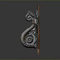 Antique Wooden Door Handle With Intricate Carved Floral Scroll Design On Wooden Base