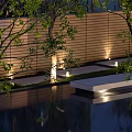Serene Garden Landscape With Water Pool Trees Lighting And Reflective Bench 3d model