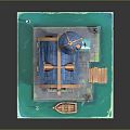 Wooden Waterfront Cottage With Blue Roof Small Boat Steps And Dock Display Model