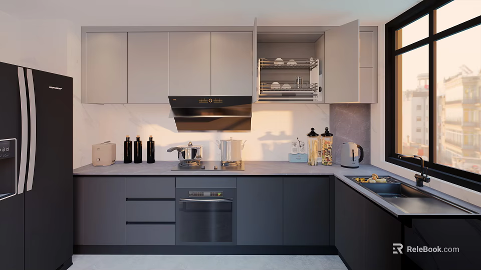 Modern Kitchen Interior With Gray And White Cabinets Dishwasher Range Hood Sink And Kitchenware 3d model 