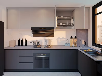 Modern Kitchen Interior With Gray And White Cabinets Dishwasher Range Hood Sink And Kitchenware 3d model