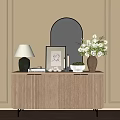 Stylish Wooden Slatted Entryway Console Table With Arch Mirror Lamp And Flower Vase