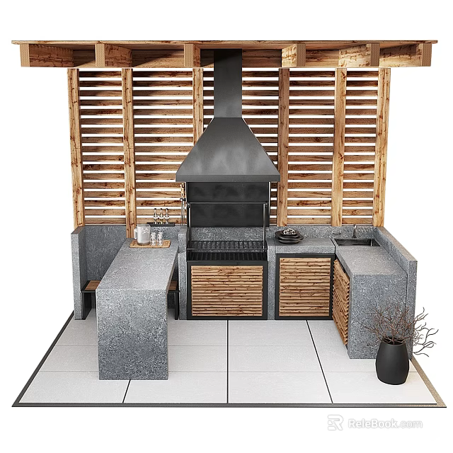 Outdoor Kitchen Cabinets With Wooden Doors Stone Countertops Grill And Black Range Hood 3d model 