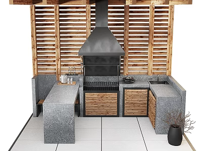 Outdoor Kitchen Cabinets With Wooden Doors Stone Countertops Grill And Black Range Hood 3d model