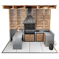 Outdoor Kitchen Cabinets With Wooden Doors Stone Countertops Grill And Black Range Hood
