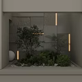 Indoor Landscape Design With Small Tree Ferns Green Plants White Pebbles And Lighted Stone Wall
