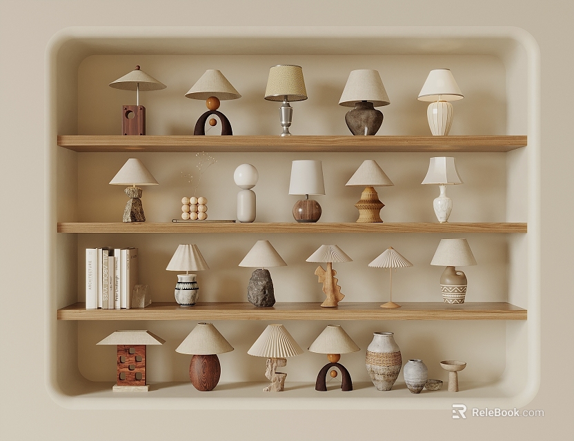 Assorted Decorative Table Lamps on Wooden Shelves with Small Decorations and Books 3d model 