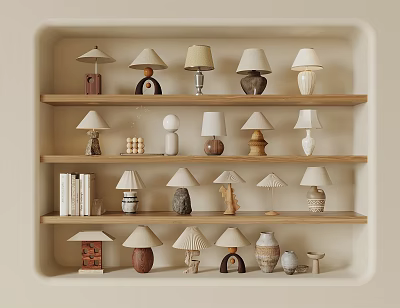 Assorted Decorative Table Lamps on Wooden Shelves with Small Decorations and Books 3d model