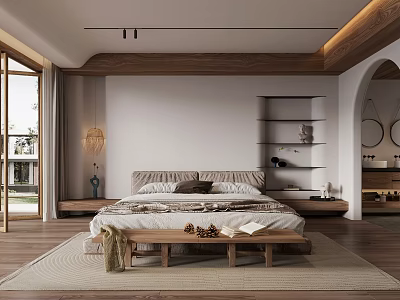 Modern Bedroom Interior With Large Bed Wooden Bench Open Shelves And Natural Light 3d model
