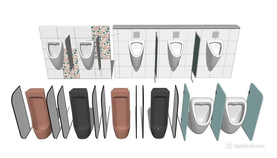 Various Design Wall Mounted Urinals With Colorful Partitions In Bathroom Setup 3d model 