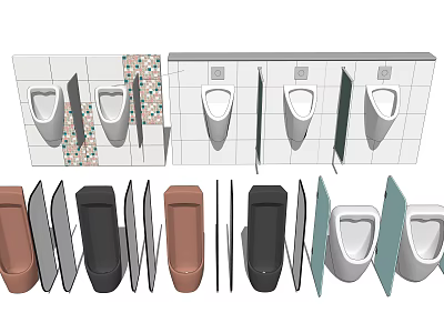 Various Design Wall Mounted Urinals With Colorful Partitions In Bathroom Setup 3d model