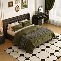 Double Bed with Leather Headboard Green Quilt Gray Blanket Wall Paintings Green Curtains and Geometric Rug