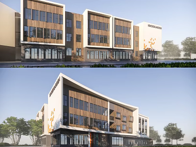 Modern Multi Story School Building Exterior With Wooden Facade Large Windows And Trees 3d model
