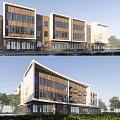 Modern Multi Story School Building Exterior With Wooden Facade Large Windows And Trees