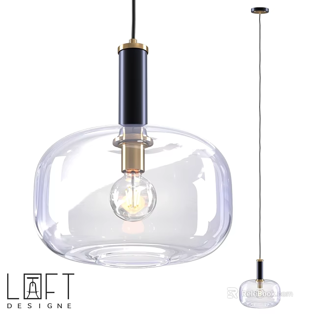 Modern Transparent Glass Shade Pendant Light With Black Gold Accents And Bulb 3d model 