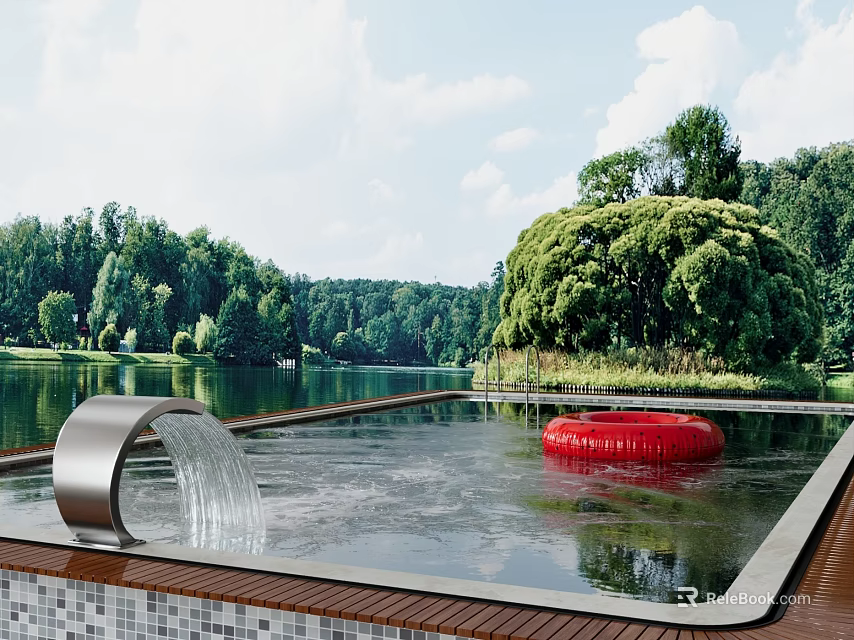 Outdoor Waterfall Pool with Red Circular Object Trees and Lake Natural Surroundings 3d model 