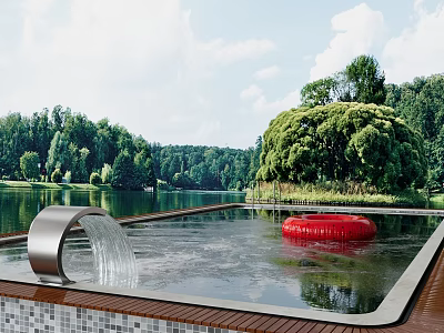 Outdoor Waterfall Pool with Red Circular Object Trees and Lake Natural Surroundings 3d model