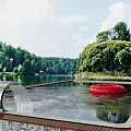 Outdoor Waterfall Pool with Red Circular Object Trees and Lake Natural Surroundings