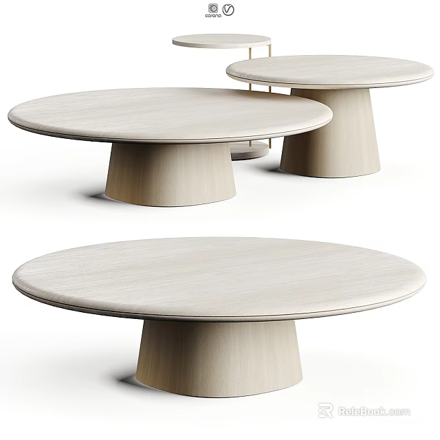 Three Light Colored Wooden Round Coffee Tables With Pedestal Base And Minimalist Design 3d model 