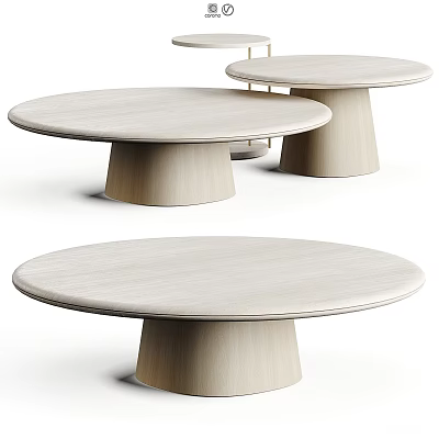 Three Light Colored Wooden Round Coffee Tables With Pedestal Base And Minimalist Design 3d model