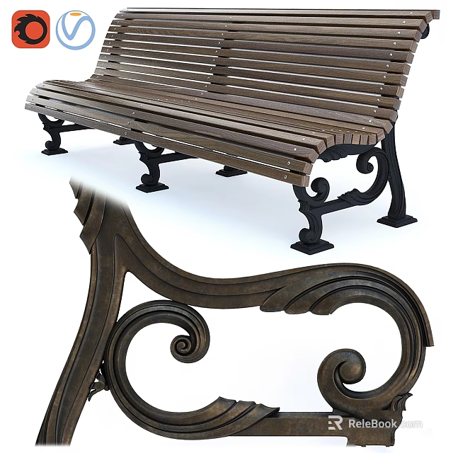 Garden Bench With Wooden Slats And Ornate Iron Scroll Legs For Outdoor Garden Decor 3d model 