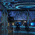 Modern Cybercafe Interior With Blue Neon Lights Computers Comfortable Chairs And Tree Views 3d model