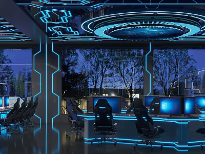 Modern Cybercafe Interior With Blue Neon Lights Computers Comfortable Chairs And Tree Views 3d model